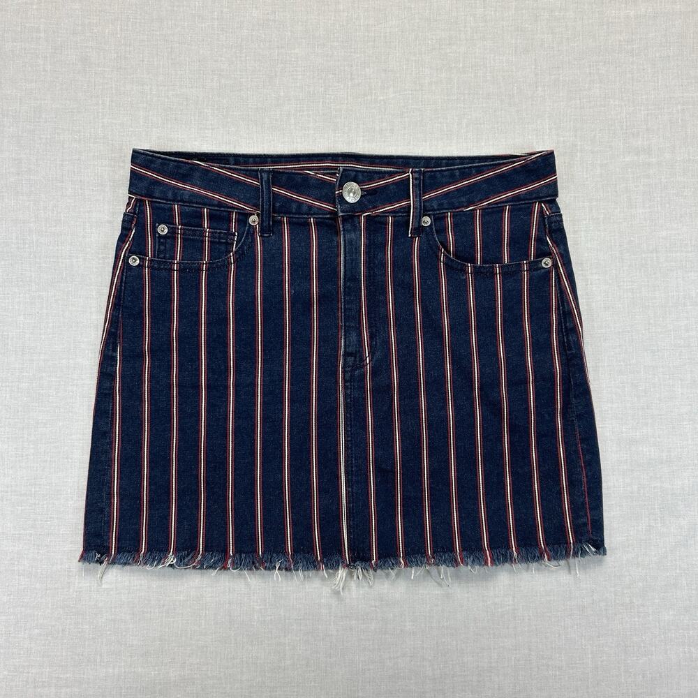 American Eagle Cabana Stripe Hi-Rise Mini Denim Skirt Women's 8 Regular AEO Blue